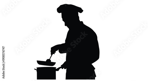 Silhouette of a chef cooking with a pot and ladle against a white background