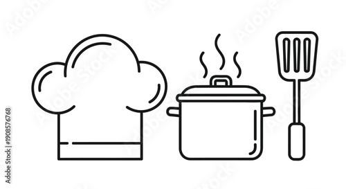 Line art illustration of a chef s hat cooking pot and spatula