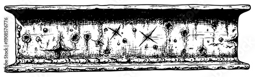 Damaged industrial steel beam with bullet holes and weathered metallic texture