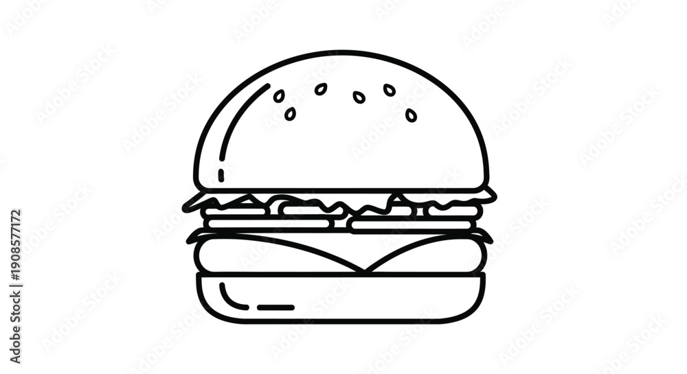 Fototapeta premium Simple line drawing of a classic cheeseburger with sesame seeds on the bun