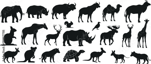 Wild animal silhouettes collection featuring mammals birds and safari wildlife shapes isolated on white background vector illustration set for nature design projects