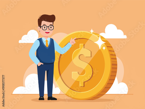Cartoon man pointing at large gold coin with dollar sign wealthy businessman smiling  financial success concept with clouds in background