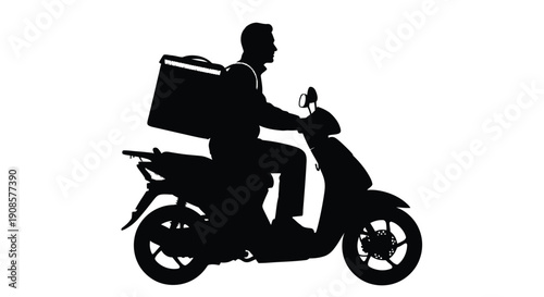Silhouette of a delivery person on a scooter side view black and white