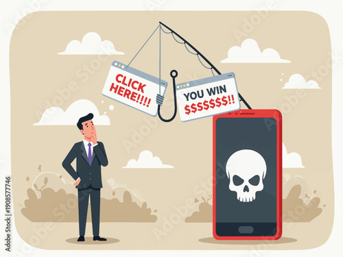 Man in suit looking at smartphone with skull on screen and fishing hook with click here and you win signs