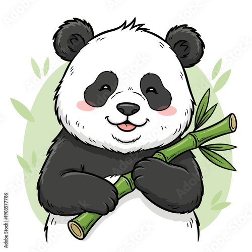 Cute cartoon panda happily holding and eating bamboo shoots with a cheerful expression.