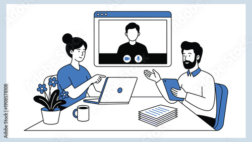 Man and Woman Having Online Video Call on Laptop in Office