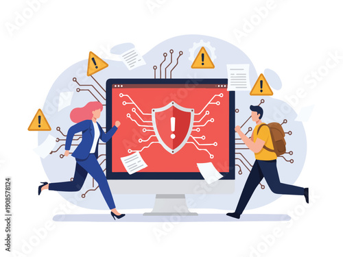 People running from computer with warning signs and shield on screen  cybersecurity concept