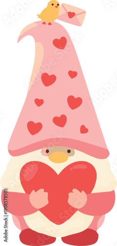 A cute Valentine’s Day illustration shows a gnome holding a big red heart while a little yellow chick on his hat delivers a love letter.