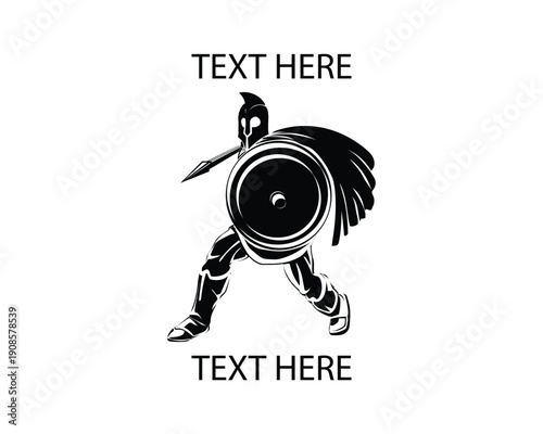 black and white silhouette illustration vector design of a soldier similar to an ancient Spartan soldier with a shield and spear in an attack pose and the words TEXT HERE