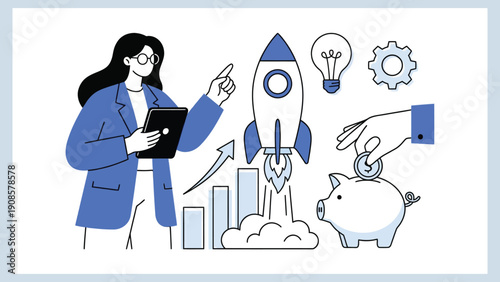 Businesswoman Launching Rocket with Financial Growth Charts and Piggy Bank