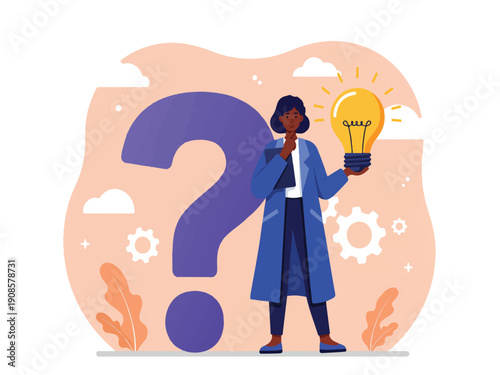 Woman in blue coat holding lightbulb with question mark thinking face idea concept