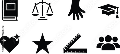 Education law justice icons set illustration showing book scale hand graduation cap heart star ruler people symbols vector black white