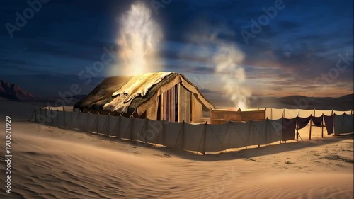 Biblical Tabernacle in the Desert Wilderness with Pillar of Cloud and Altar Smoke at Twilight