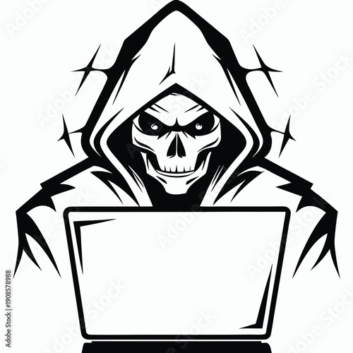 Grim Reaper Skull in Hoodie Working on Laptop, Black and White Silhouette Style