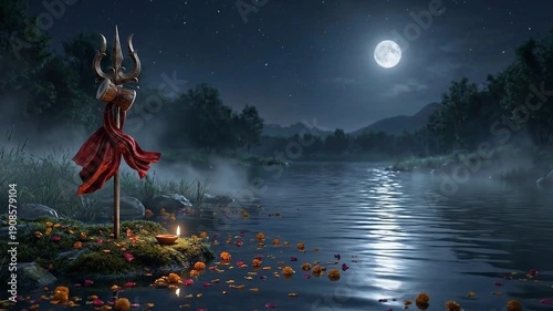 Peaceful trishul by moonlit river with floating petals devotional ambience for mahadev maha shivratri shivling meditation cinematic spiritual night scene calm sacred hindu worship visuals