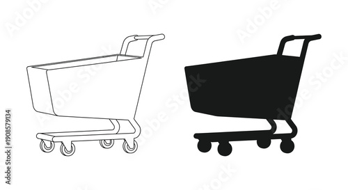 A comparison showcasing a wireframe shopping cart alongside its solid black silhouette highlighting form and contrast silhouette high quality professional detailed