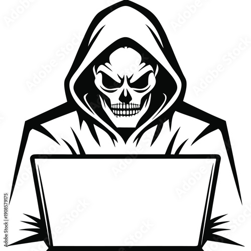 Grim Reaper Hooded Skull Using Laptop, Monochrome Illustration, Isolated on White Background