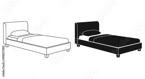 Two minimalist single beds are displayed one in white line art and the other as a dark silhouette high quality professional