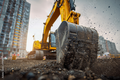 Heavy yellow excavator digging and moving soil at an urban construction site with high-rise buildings in the background during sunset hours