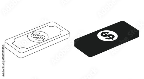 A simple illustration depicts two dollar bills one in a lined style and the other as a dark silhouette high quality