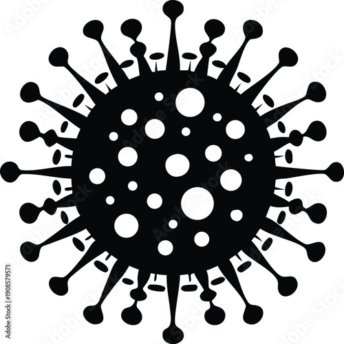 Black Contagion Silhouette on White Background, Detailed Microscopic Spiked Cell Structure