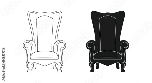 Two ornate armchairs are depicted one in a line drawing and the other as a dark silhouette high quality professional detailed