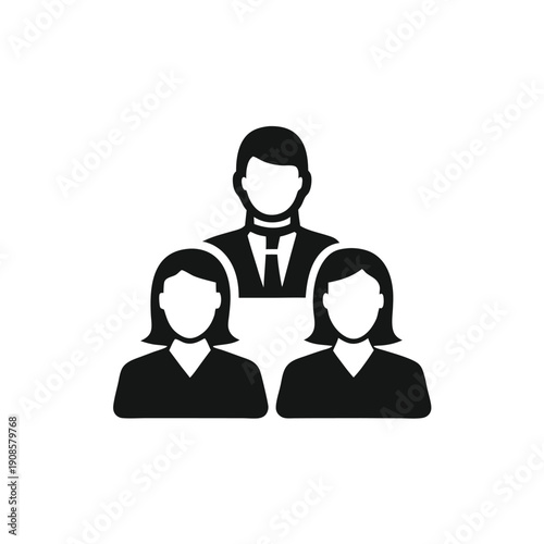 Teamwork Icon Group of Three People, One Male, Two Females, Black and White Design