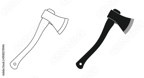 A contrasting depiction of an axe showing both a line drawing and a dark silhouette showcasing tool design high quality professional