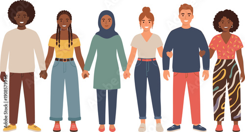 Diverse Group of Multiethnic People Holding Hands and Standing Together as a Community Representing Unity, Inclusion, and Global Cooperation