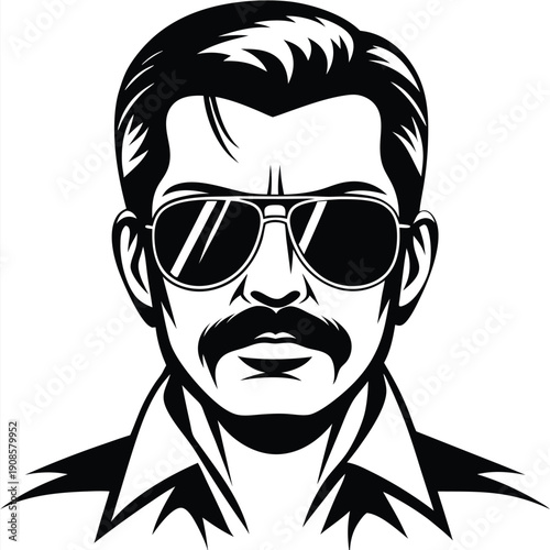 Retro Silhouette Portrait Man with Mustache and Sunglasses,