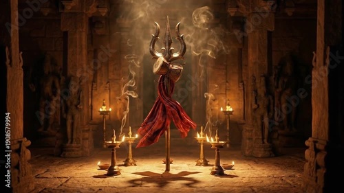 Divine trishul illuminated by temple oil lamps with sacred shadows incense smoke cinematic devotion mahadev maha shivratri shivling spiritual hindu motion background ritual worship aesthetic
