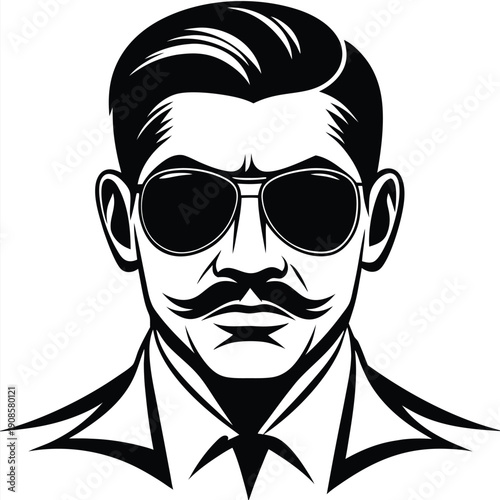 Silhouette Man, Moustache and Sunglasses, Retro Hair Style, Shirt Collar, Black & White