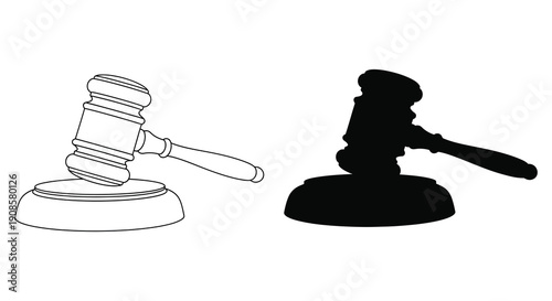 A detailed illustration showcases a gavel in both outlined and solid black silhouette forms representing legal justice high quality professional modern