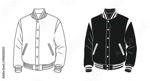 Two contrasting views depict a classic varsity jacket one light and one dark in silhouette high quality professional detailed modern elegant