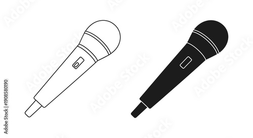 Two contrasting microphone illustrations one white outline and one solid black depicting audio equipment silhouette high quality professional detailed modern elegant