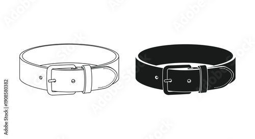 Two depictions of a leather belt with a buckle one white line art and one black a striking silhouette high quality