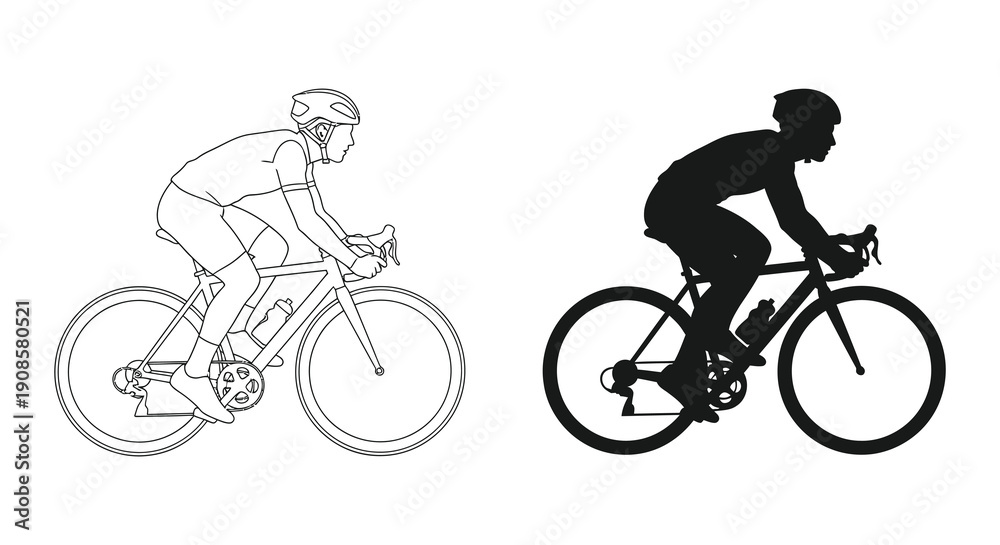 Obraz premium Two cyclists are depicted in contrasting styles one with line art and the other as a dark silhouette high quality professional