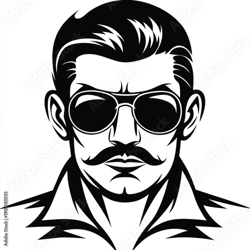Stylish Man with Sunglasses and Moustache Retro Monochrome Portrait