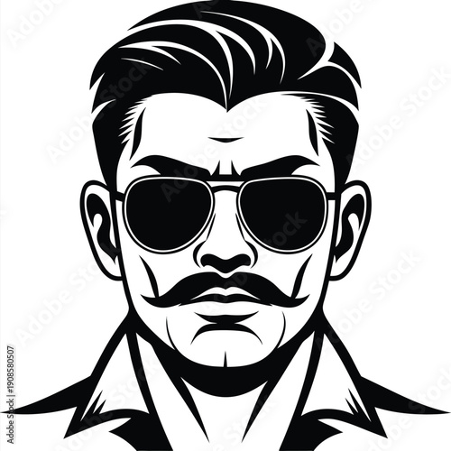 Silhouette Man with Glasses, Mustache, and Slicked Back Hair Black and White
