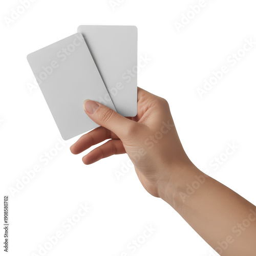 A hand holding two white cards isolated on transparent background