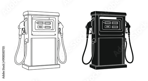 Two vintage gas pumps are depicted in a contrasting black and white style highlighting their classic design silhouette high quality professional
