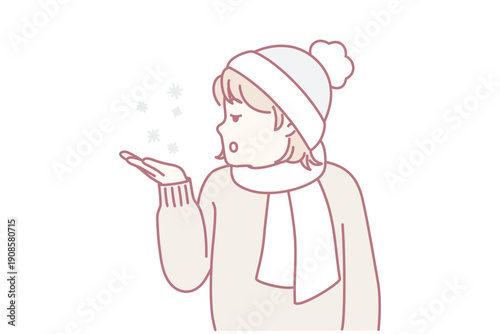 Little teen girl stretches out palm to pick up snowflakes standing outdoors in cold weather. Child in hat and scarf enjoys winter holidays and looks with surprise at falling snow. Flat vector image
