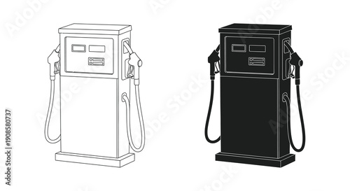 A contrasting depiction of a classic gas pump shown in both line art and a stark black silhouette high quality professional