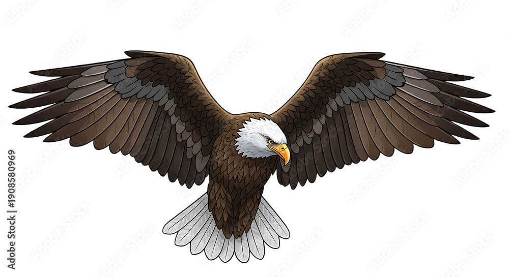 Fototapeta premium Bald eagle in flight with wings spread wide, a symbol of freedom and power, rendered in illustration style.