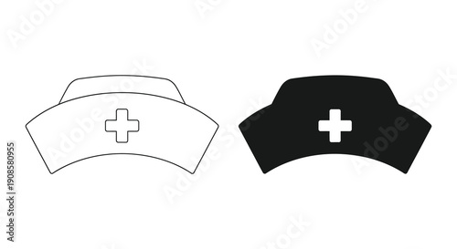 Two depictions of a nurse s cap one outlined and one solid black showcasing a medical symbol silhouette high quality professional detailed