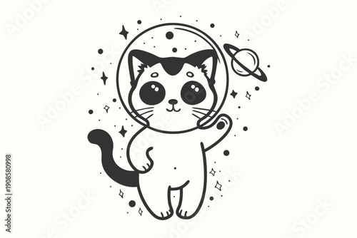 Whimsical Cat Astronaut Silhouette Riding Rocket, Planets and Stars Isolated on White