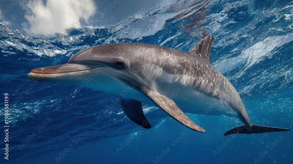 Fototapeta premium Dolphin Swimming Upward in Clear Water With Sunlight Filtering Through Surface