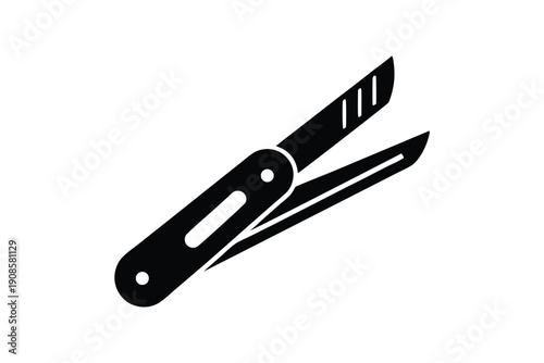 Outline of Folding Knife, Pocketknife and Open Blade in Black & White