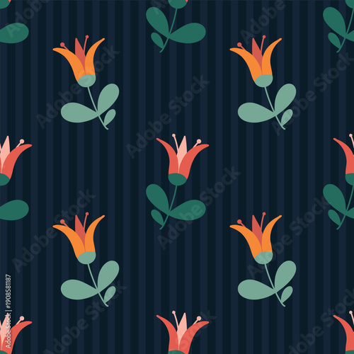 Flower garden, cozy pattern with leaves, stripes, and flowers on a dark background. Seamless pattern for your design.