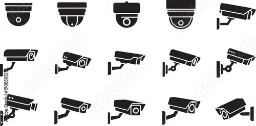 Set of Security Camera Icons - Surveillance and CCTV System Symbols